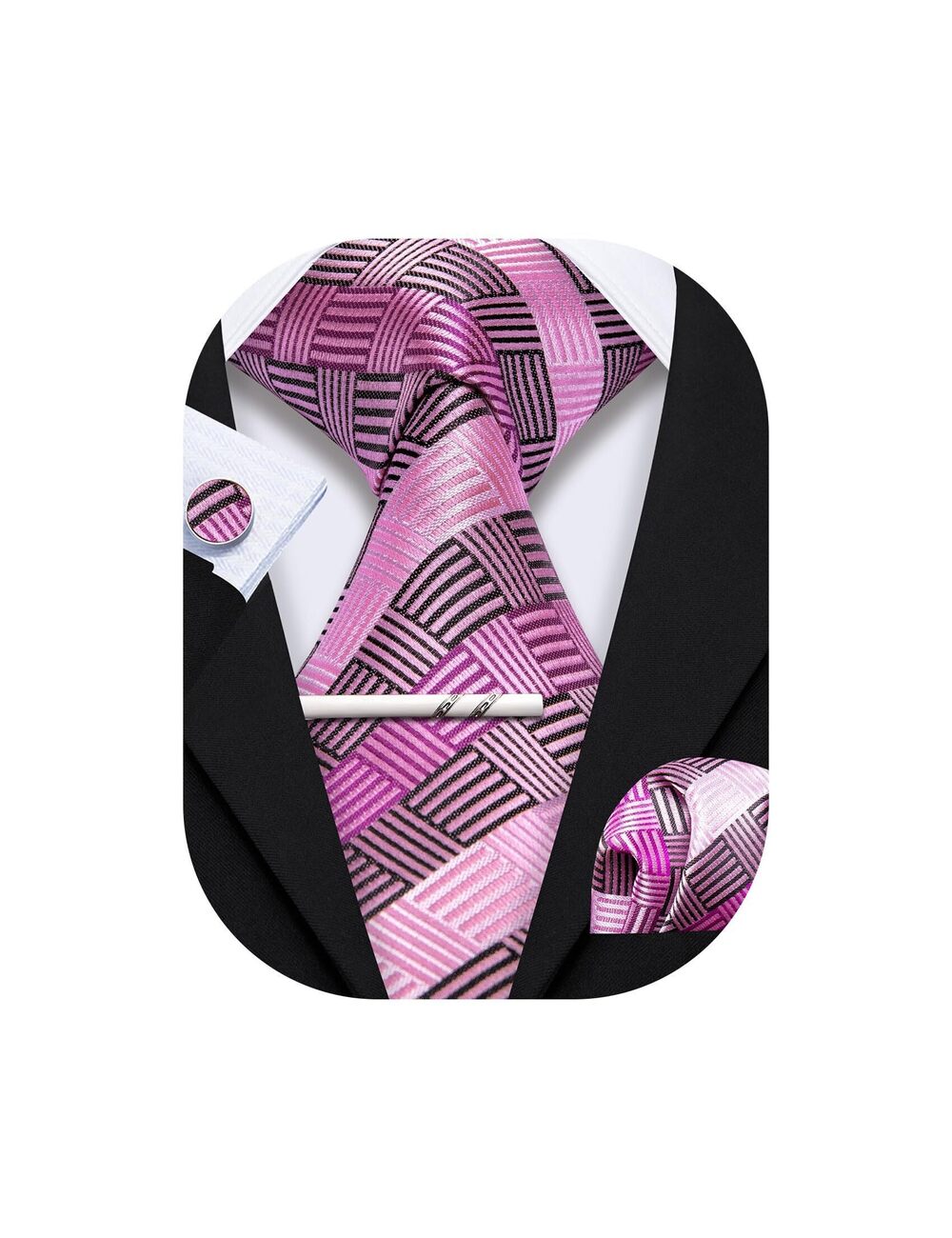 7889 Pink Black Tie with Tie Clip Striped Silk Necktie Pocket Square